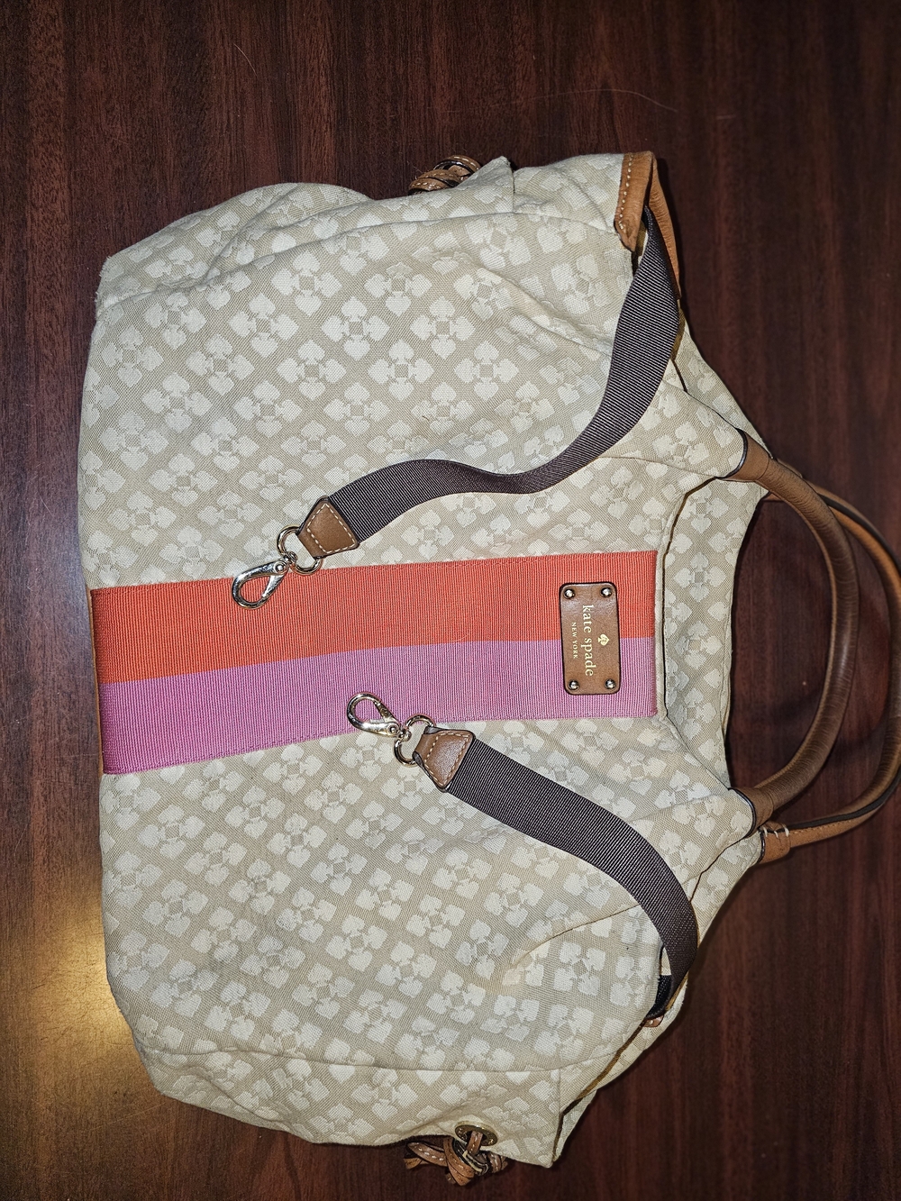 kate spade beige tote with pink and orange stripe and tan handles